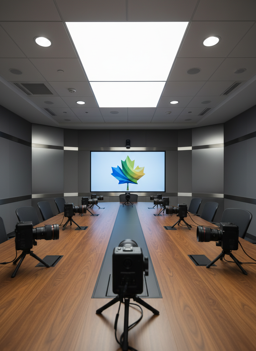 A polished, walnut conference table set in a modern government briefing studio, with a slim, ultra-wide screen at the center displaying an abstract stylized maple leaf graphic and soft, shifting color gradients suggesting unity and progress, without any readable text. Discreet studio cameras on compact tripods surround the table, their lenses aimed toward the central screen, emphasizing a video-first communication approach. Overhead, recessed lighting and a subtle light panel cast neutral, balanced illumination that minimizes harsh shadows, enhancing the professional tone. The space features muted grey walls, brushed metal accents, and tidy cable management. Photographic realism, a wide-angle perspective, and sharp focus throughout create an atmosphere of order, transparency, and seriousness appropriate for a Canadian political organization.